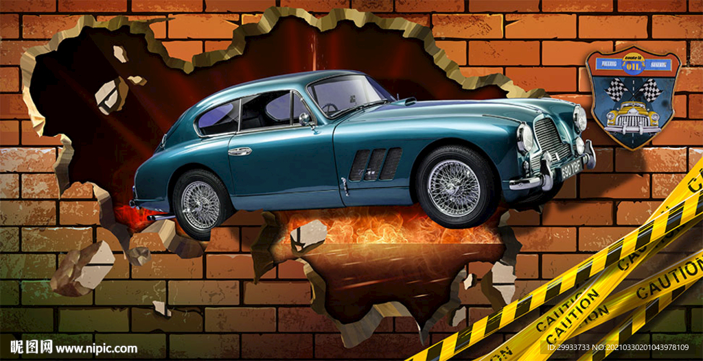 复古怀旧3D破墙汽车背景墙