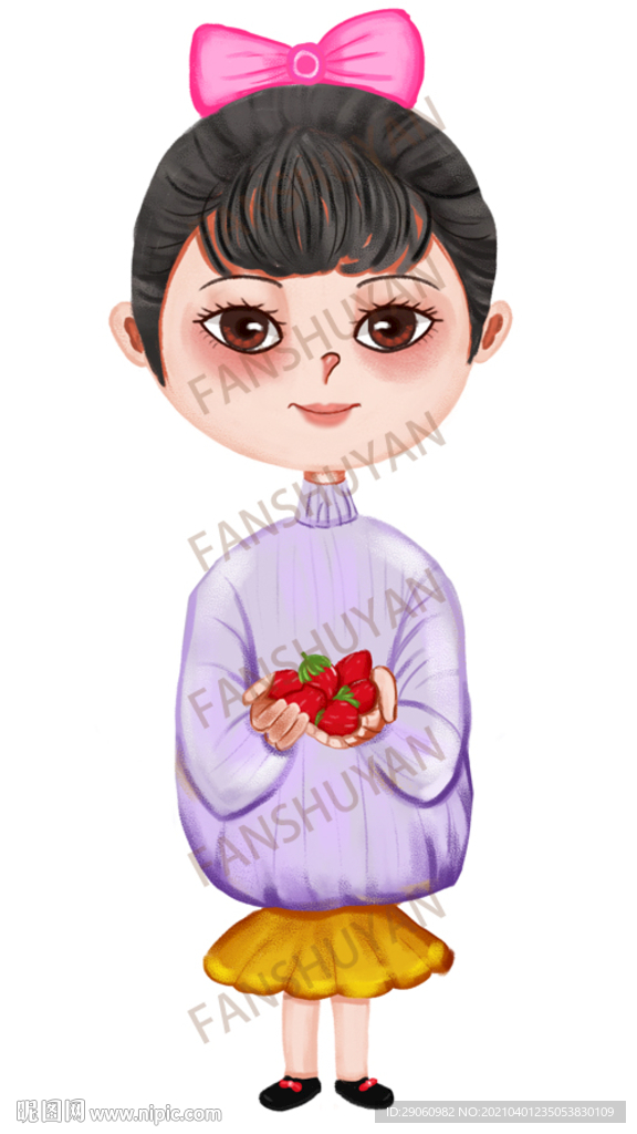 手绘手捧草莓的女孩