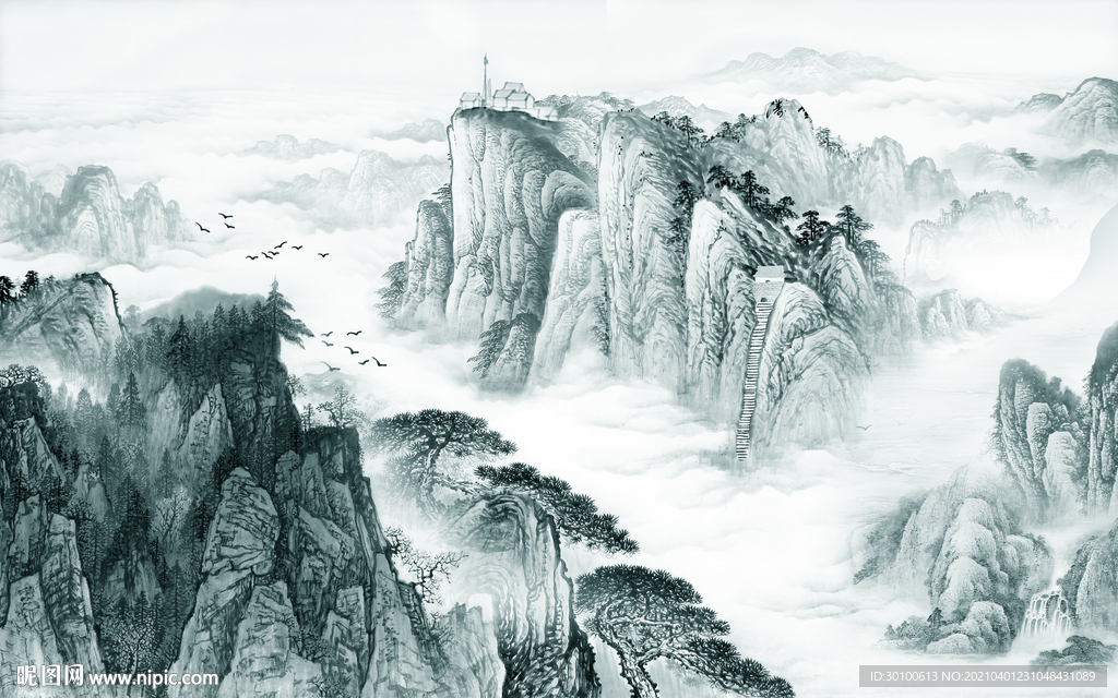 最新山水背景墙画 TIF分层