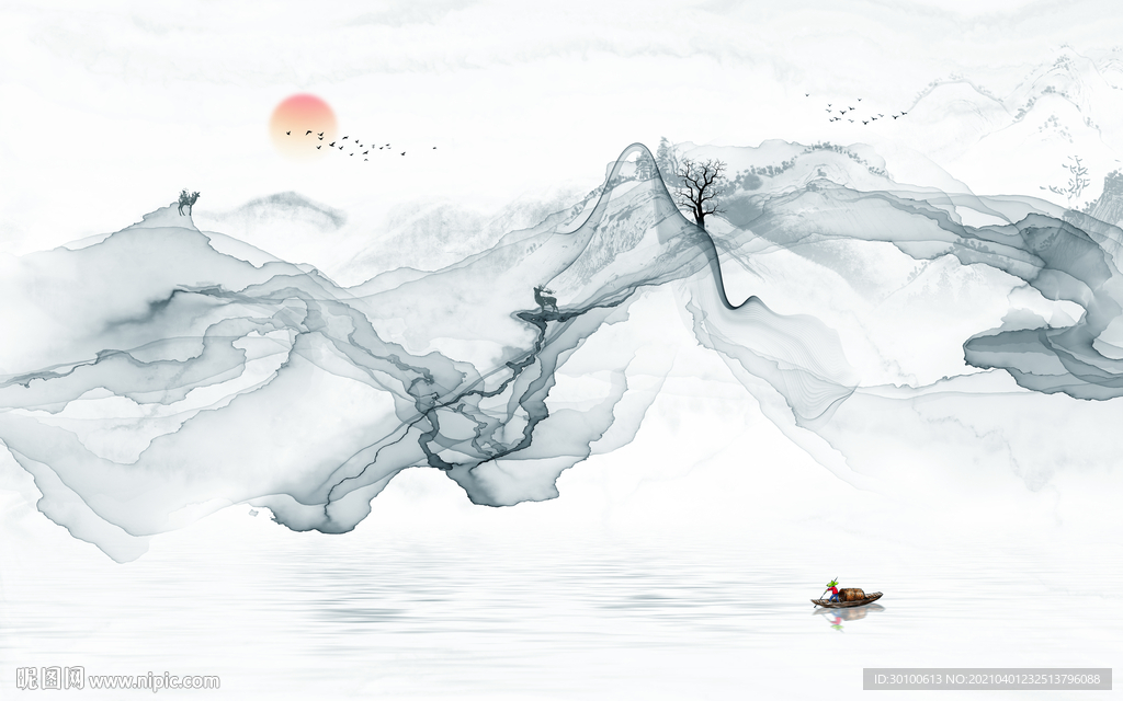 新中式山水背景墙画 TIF分层