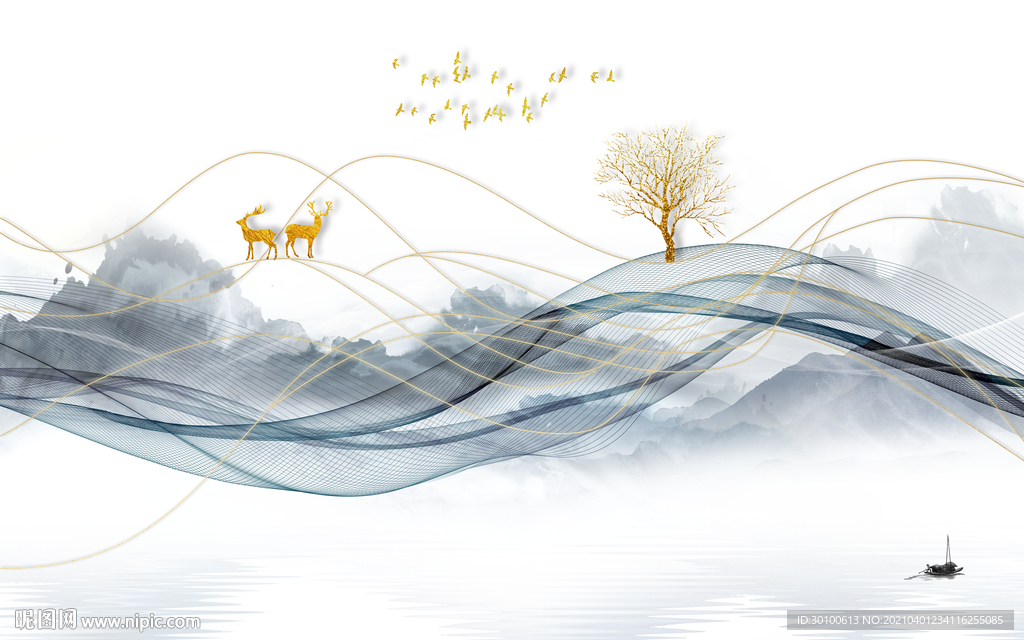 新款山水背景墙画 TIF分层