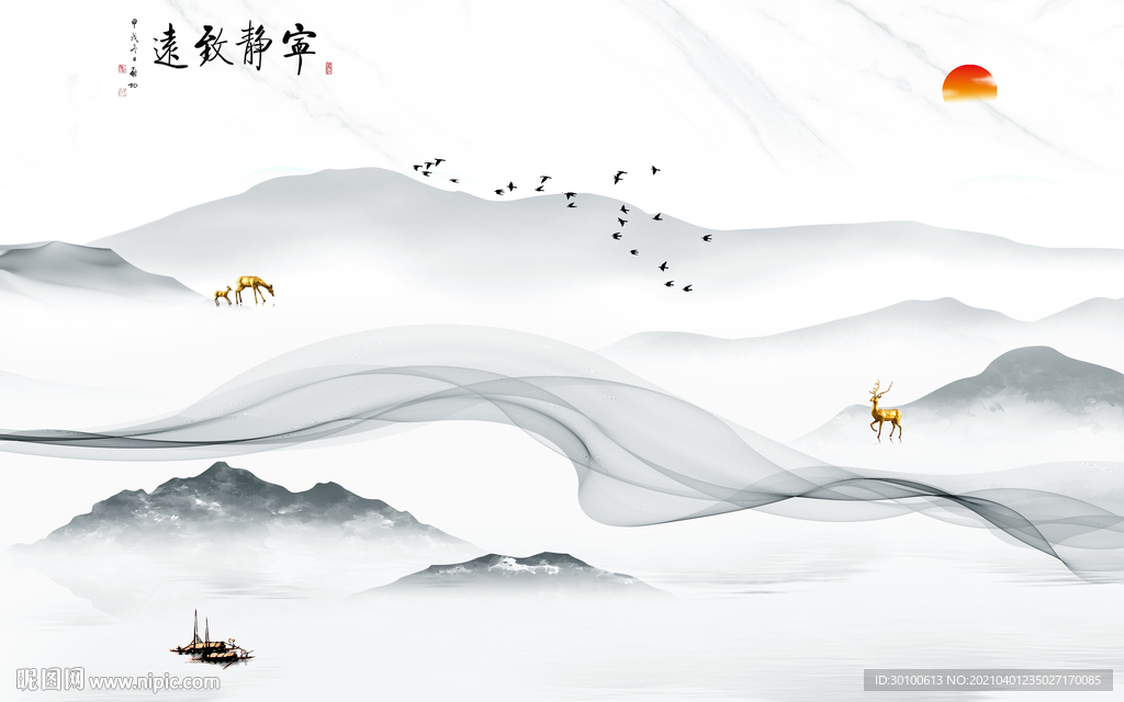 人气山水背景墙画 TIF分层