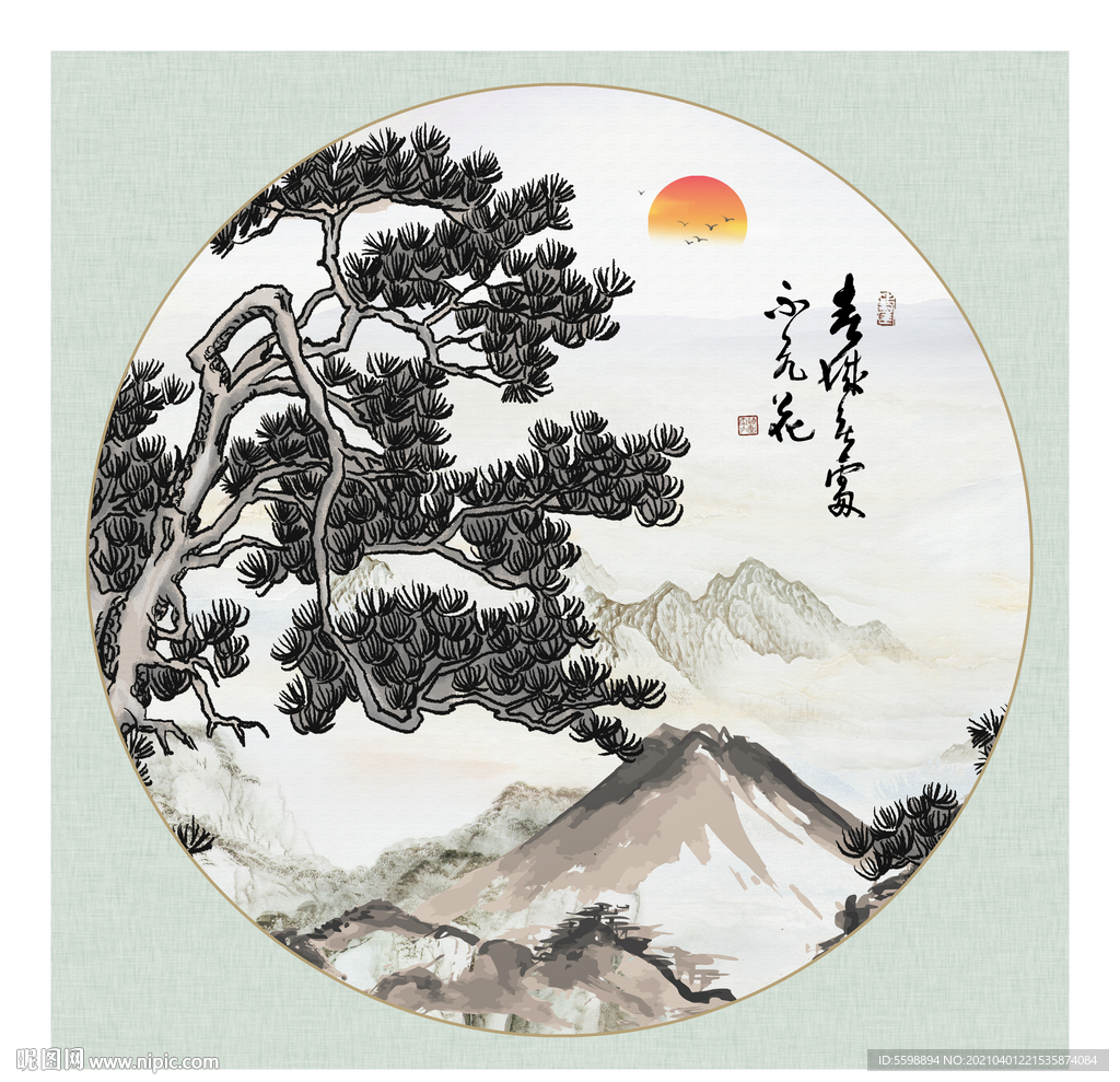 水墨山水小船松树背景墙图片