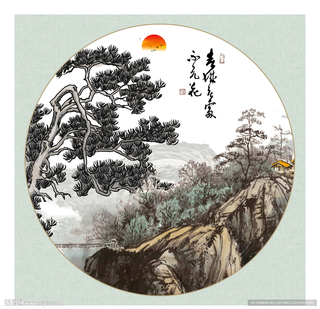 水墨山水小船松树背景墙图片