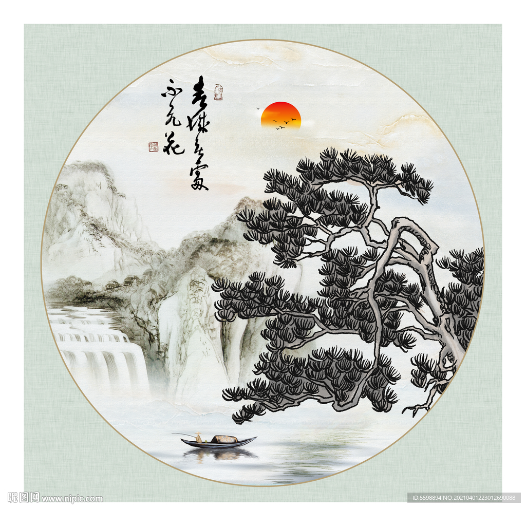 水墨山水小船松树背景墙图片