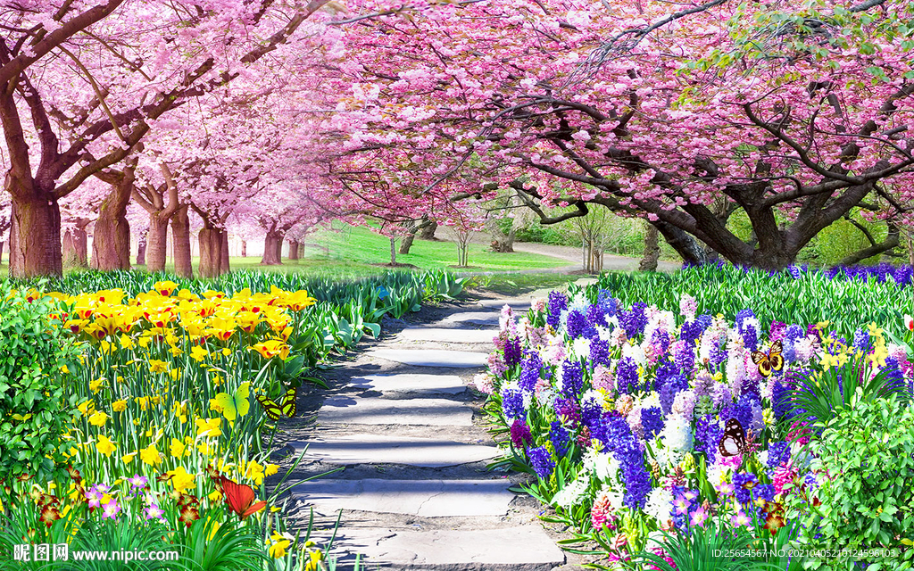 樱花树林花园小路风景画背景墙