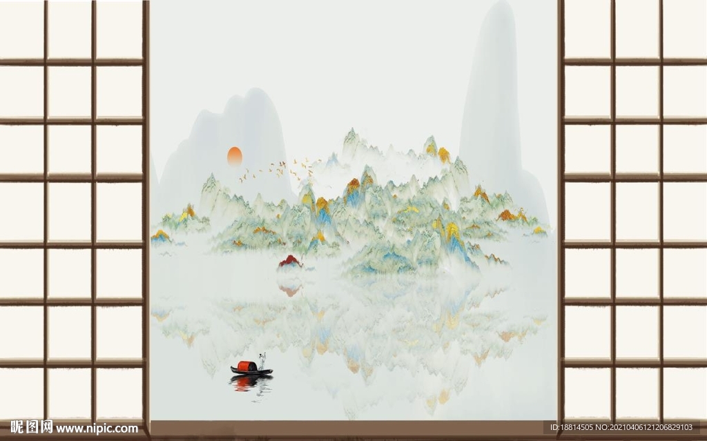 小船山水锦绣江山背景墙