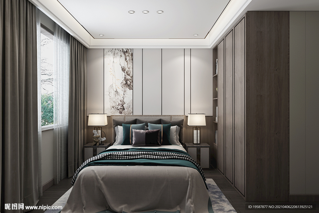 新中式卧室集成墙面模型效果图
