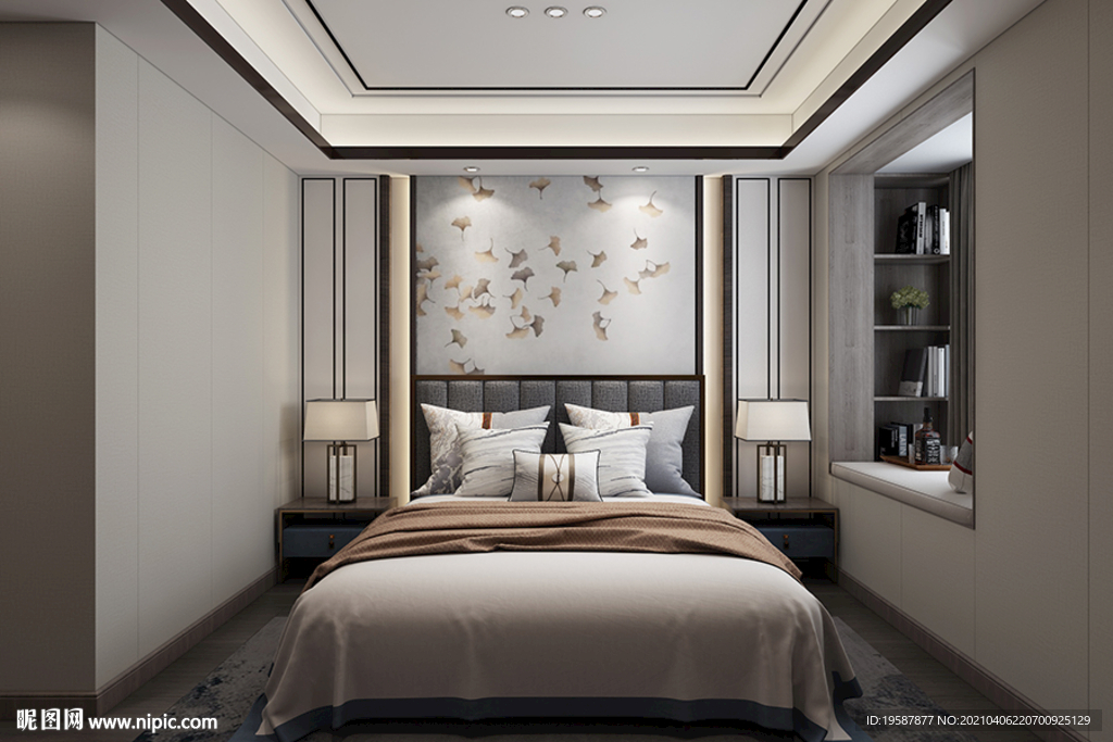 新中式主卧集成墙面模型效果图