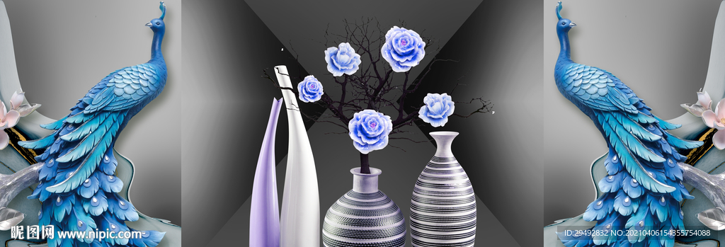 孔雀花瓶三联画