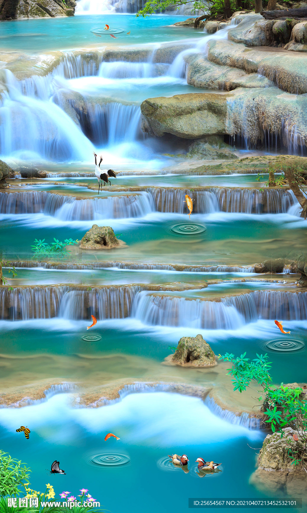 流水瀑布鲤鱼荷花3D地板地画