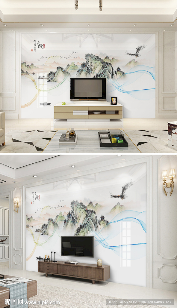 现代简约抽象线条山水画背景墙