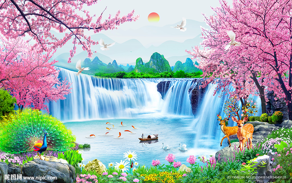 樱花树流水生财风景背景墙