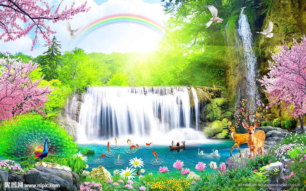 樱花树瀑布风景背景墙