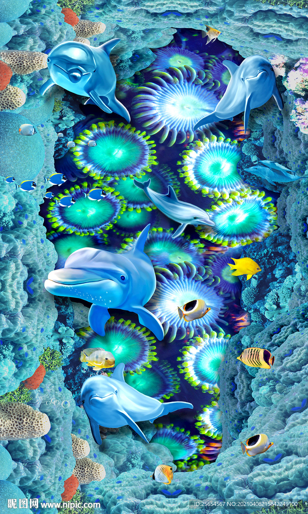 海洋世界珊瑚浴室3D地板地画