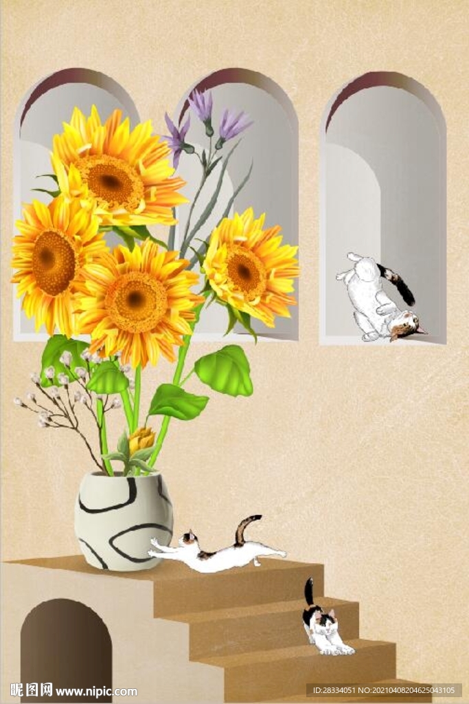 现代立体空间向日葵花玄关装饰画
