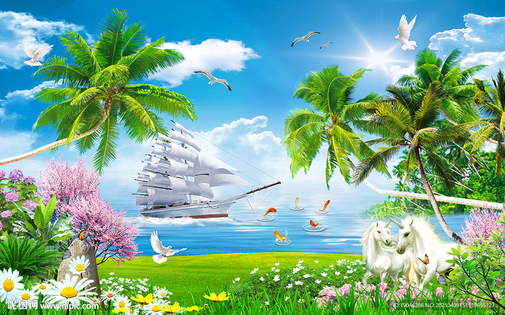 一帆风顺椰树风景电视背景墙