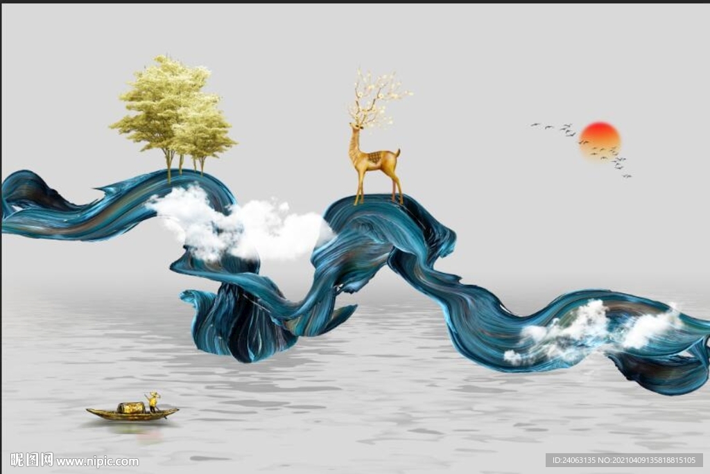 新中式抽象烟雾山水麋鹿背景墙