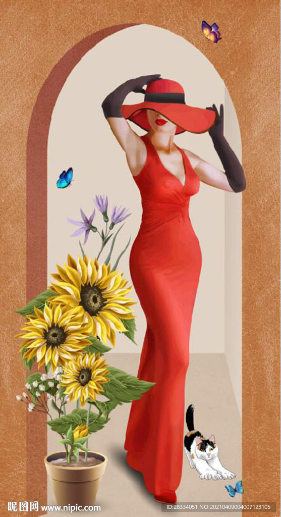 北欧风3D拱门美女玄关装饰画