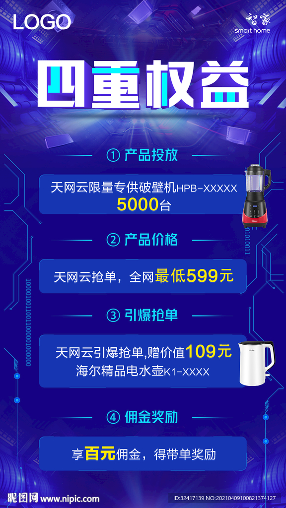 蓝色科技感权益长图海报