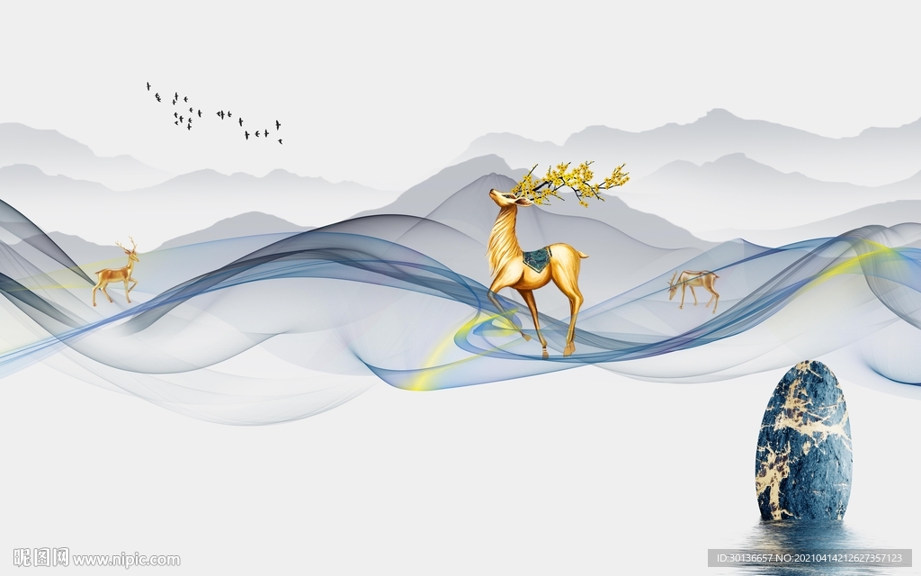 新中式山水背景新画 TIF分层