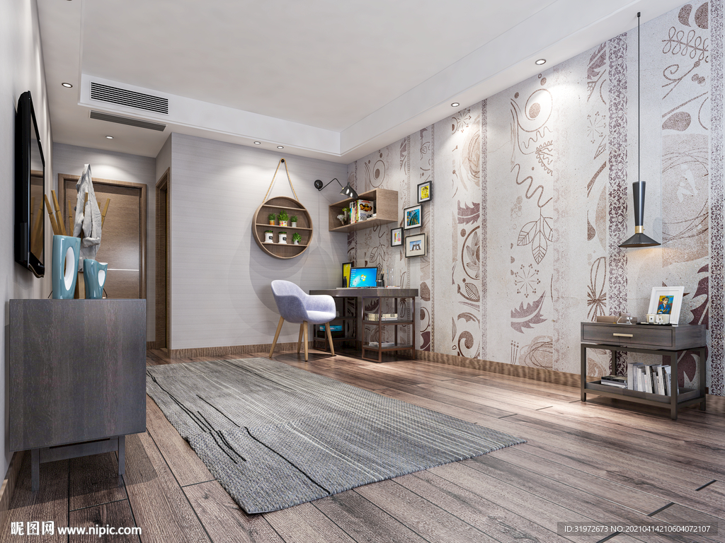 现代北欧卧室背景墙3D场景空景