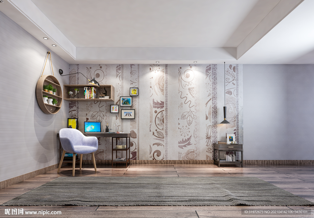 现代北欧卧室背景墙3D场景空景