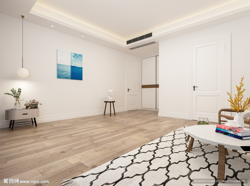 现代北欧卧室背景墙3D场景空景