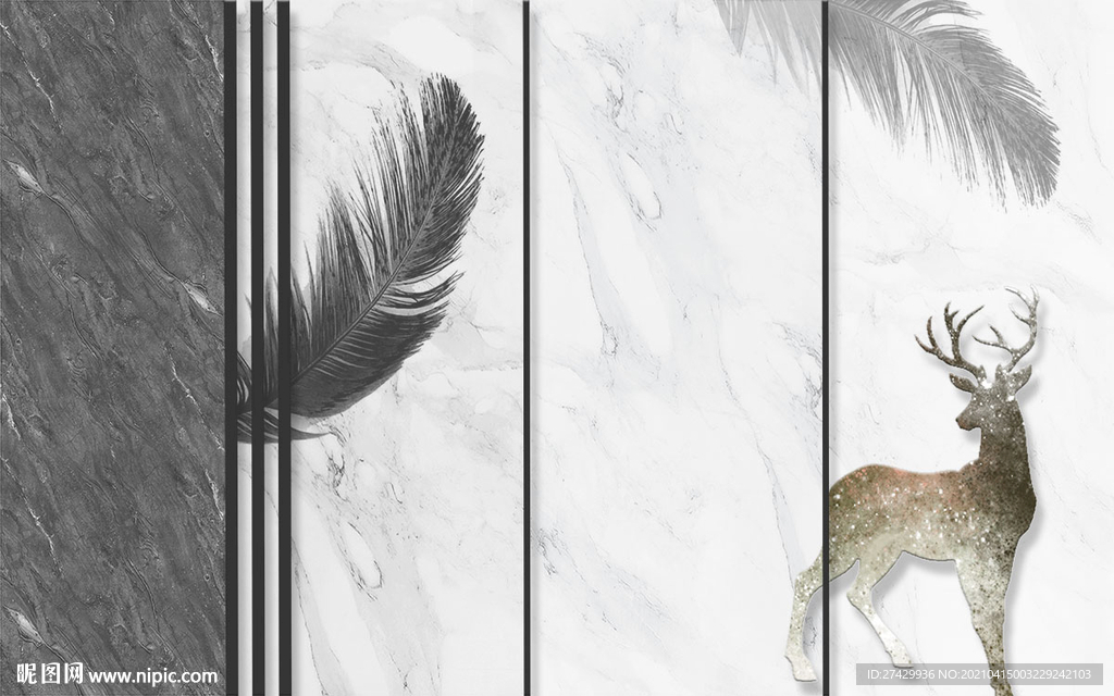 羽毛麋鹿大理石背景北欧背景墙