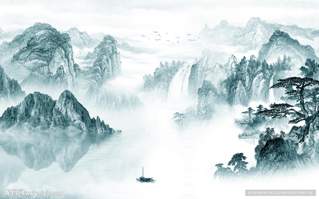 蓝色新简约山水画 tif分层