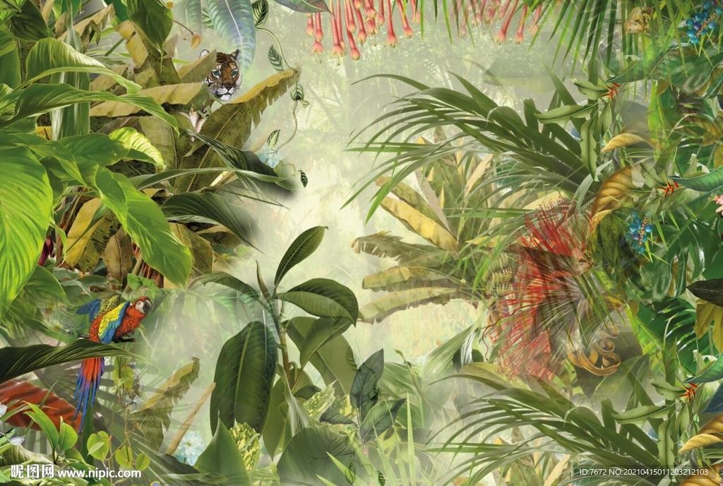 手绘欧式中世热带雨林动物背景墙