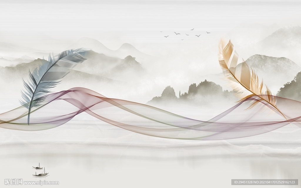 羽毛客厅背景山水 tif分层