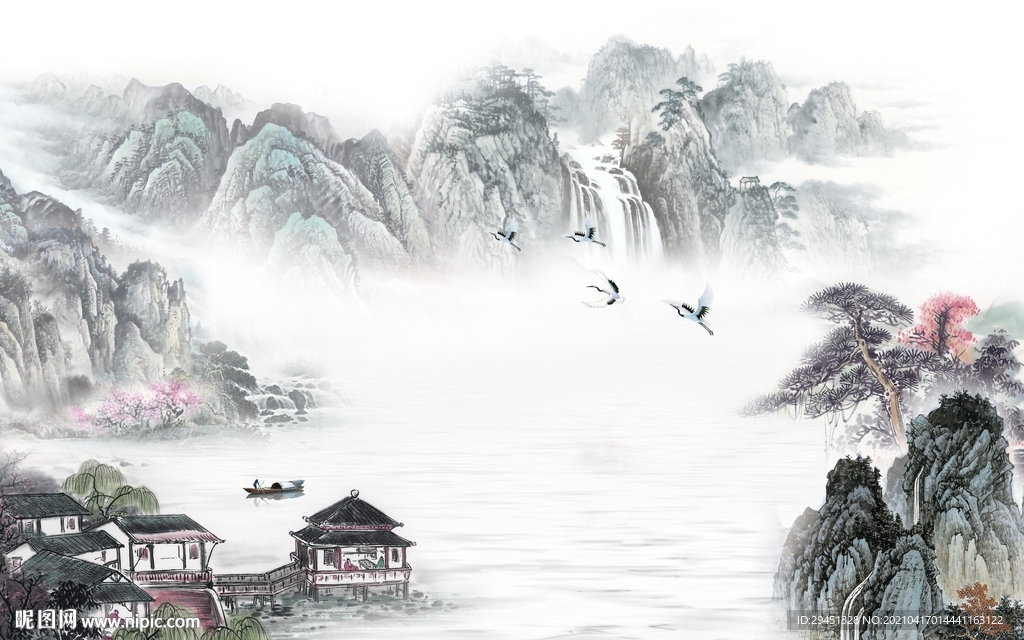 中式 客厅背景山水 tif分层