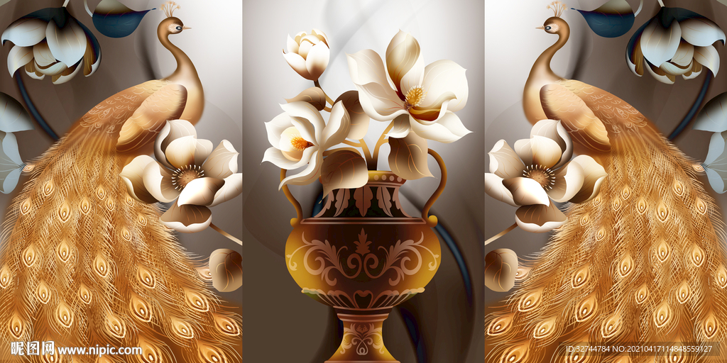 孔雀三联画玄关