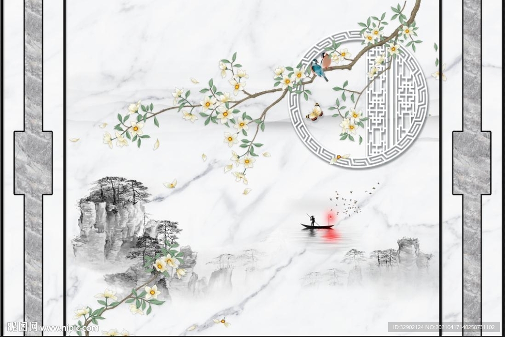 新中式工笔花鸟水墨山水情护墙板