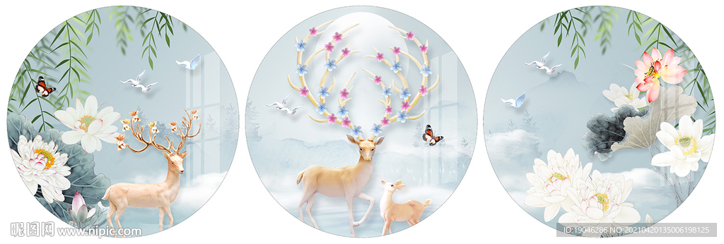 新中式荷花麋鹿圆形三联画