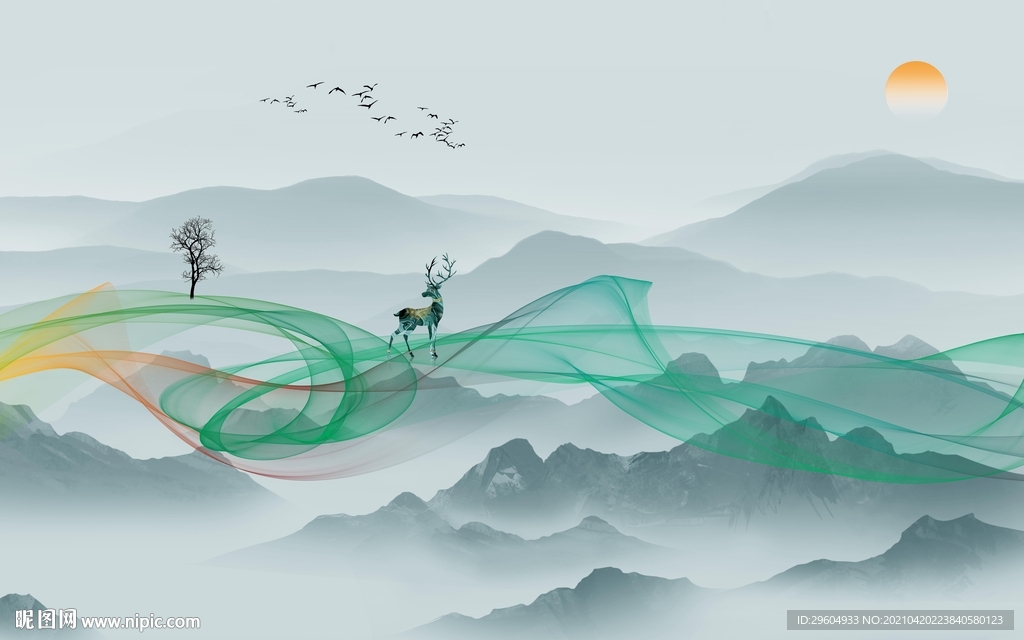 新中式客厅大气山水 tif分层