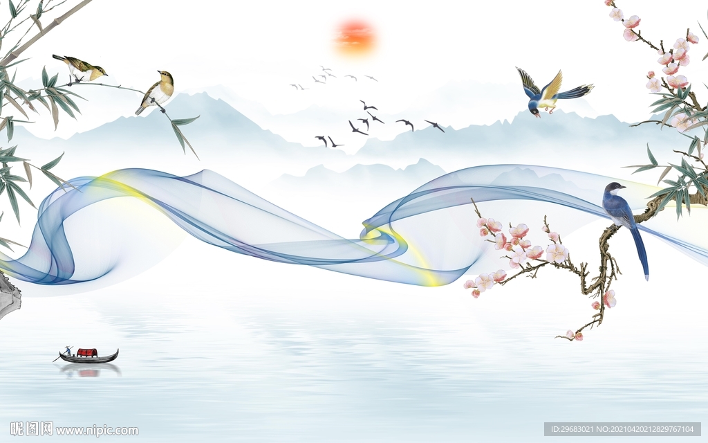 花鸟新山水中式画 tif分层