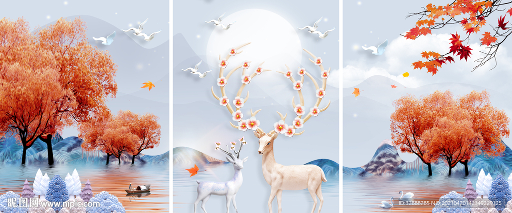 鹿缘 玉雕麋鹿三联画