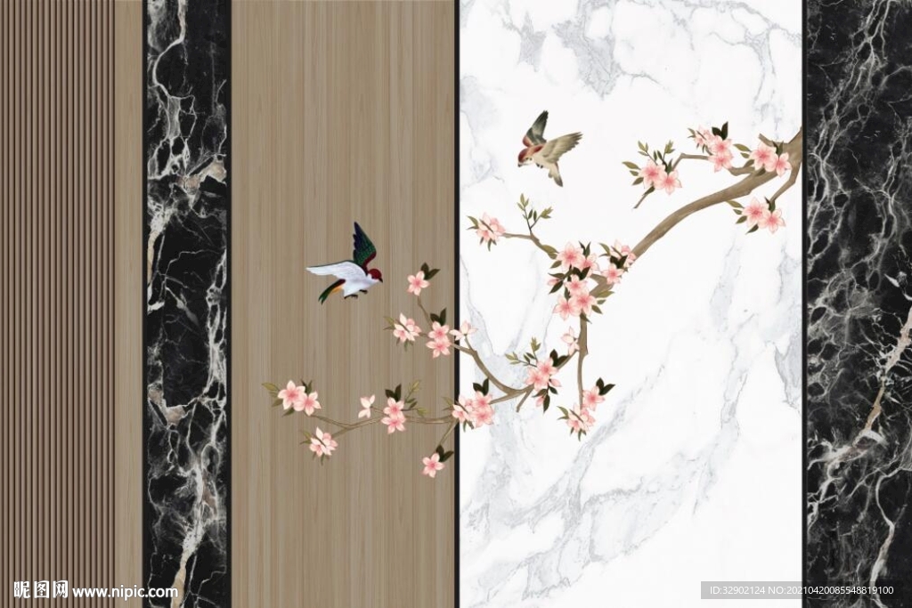 现代大理石纹花鸟石纹木纹背景墙