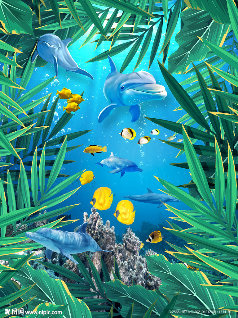 绿色带鱼3D地板地画地贴瓷砖画