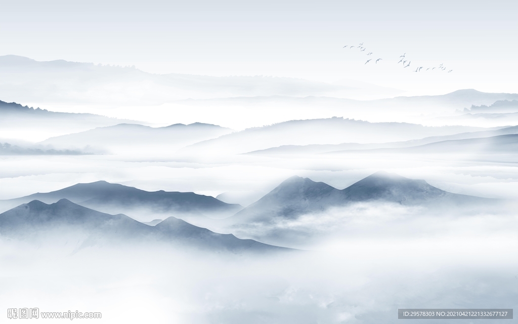 蓝色人气中式山水 tif分层