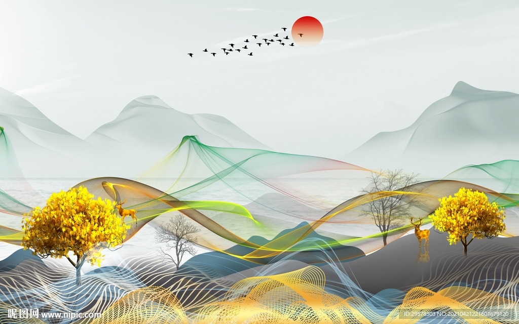 客厅人气中式山水 tif分层