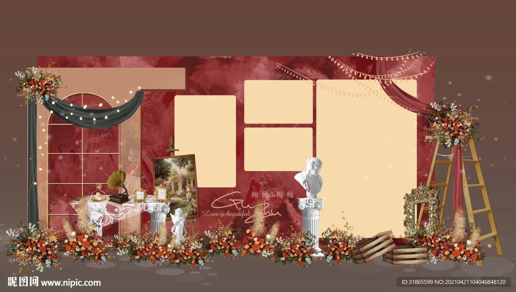 橙红色油画婚礼照片展示区