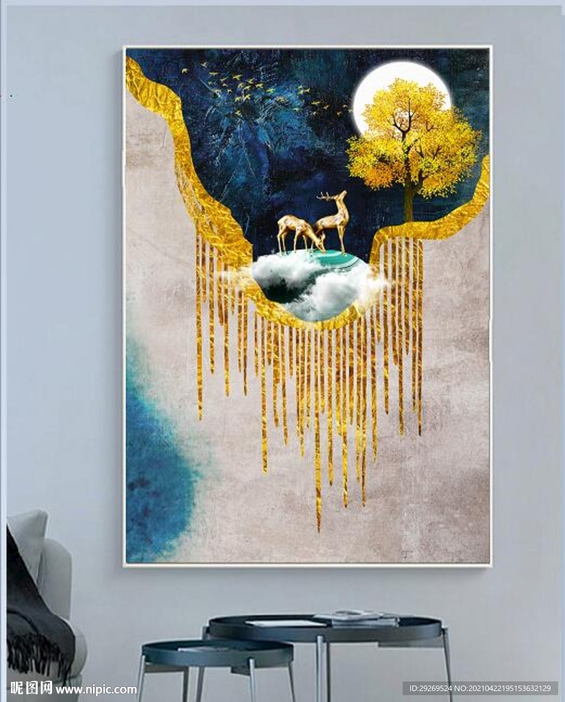 石来运转发财树麋鹿玄关装饰画