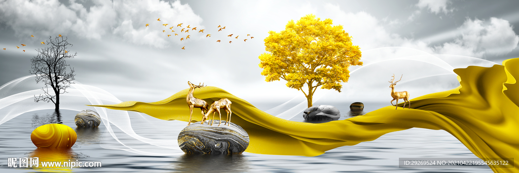 抽象石来运转发财树麋鹿装饰画