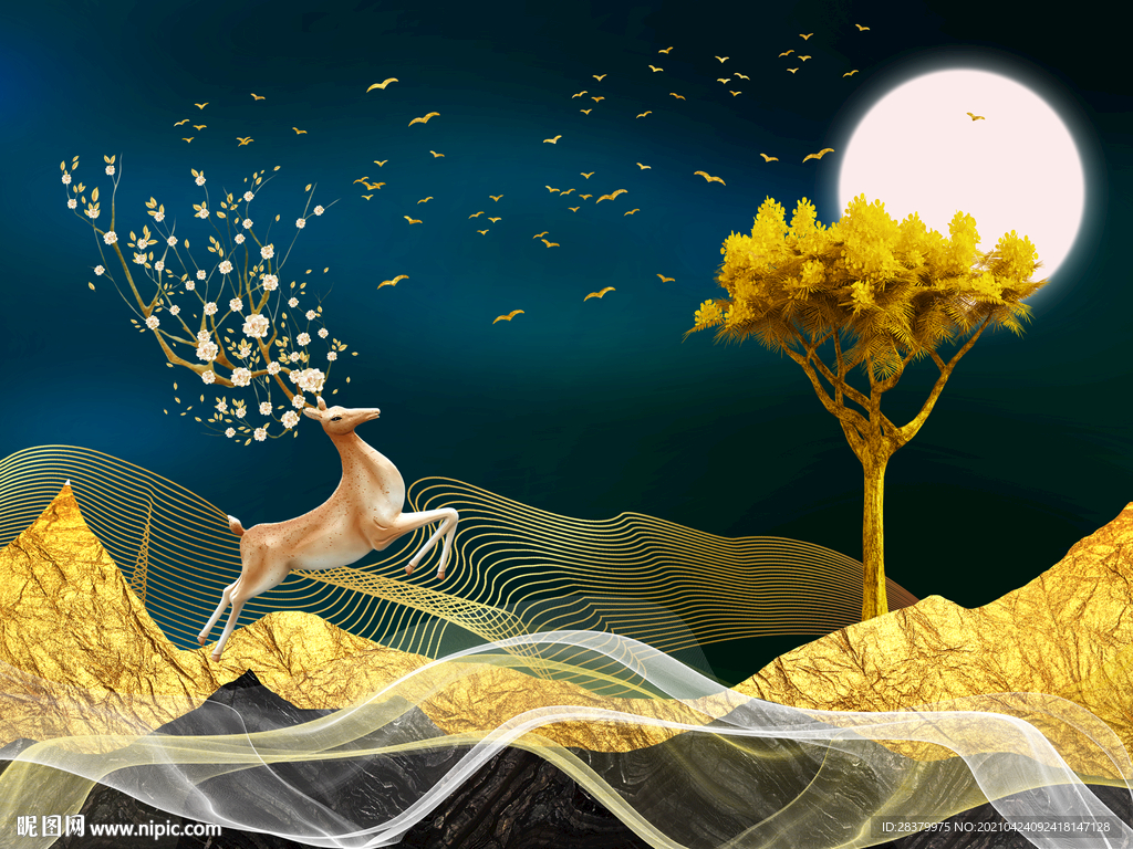 新中式石来运转发财麋鹿装饰画