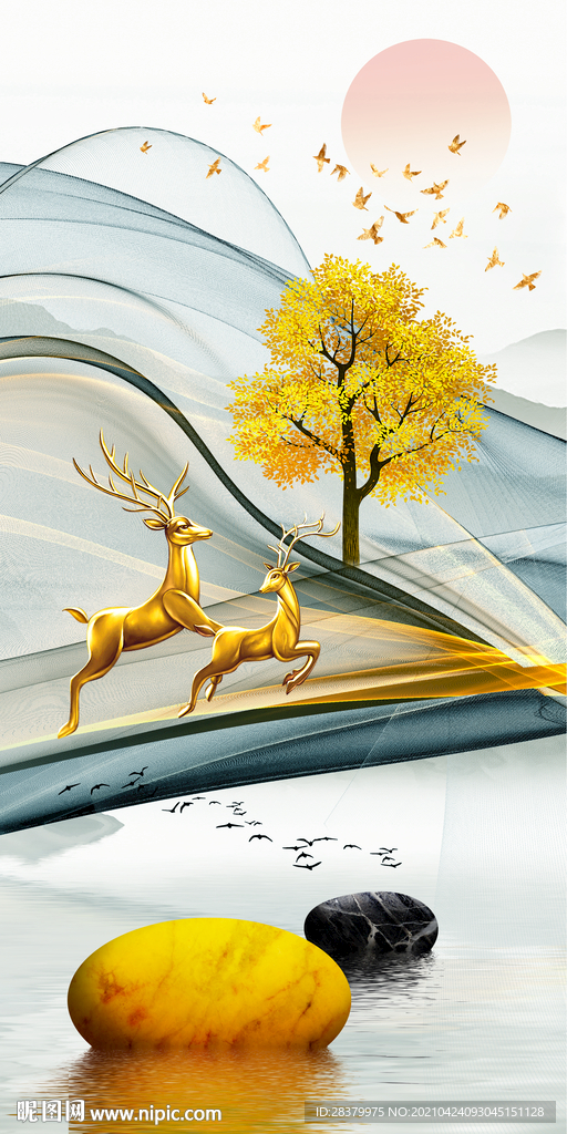 石来运转发财麋鹿玄关装饰画