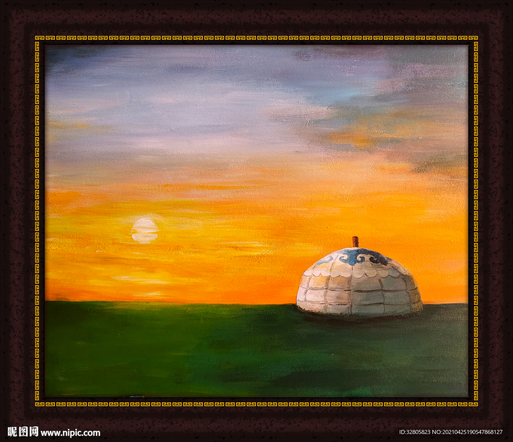 草原蒙古包晚霞油画图片