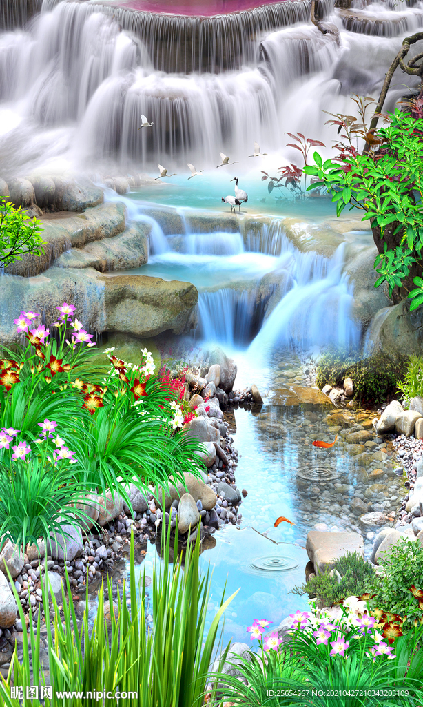 瀑布3D浴室立体地板地画